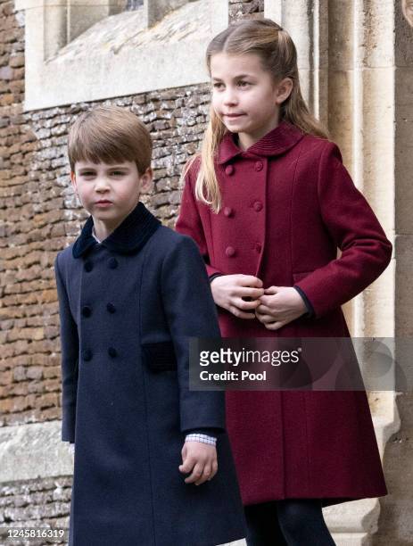 Princess Charlotte of Wales and Prince Louis of Wales attend the Christmas Day service at St Mary Magdalene Church on December 25, 2022 in...