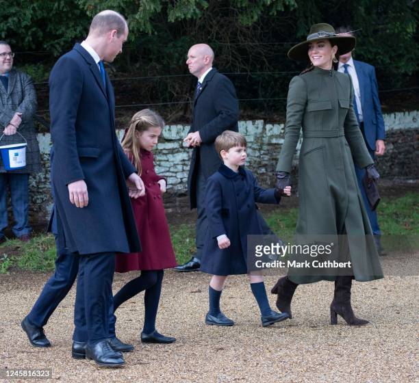 Prince William, Prince of Wales and Catherine, Princess of Wales with Prince Louis of Wales and Princess Charlotte of Wales attends the Christmas Day...
