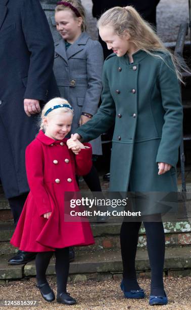 Savannah Phillips and Lena Tindall attends the Christmas Day service at St Mary Magdalene Church on December 25, 2022 in Sandringham, Norfolk. King...