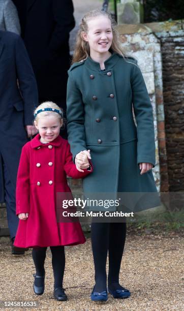 Savannah Phillips and Lena Tindall attends the Christmas Day service at St Mary Magdalene Church on December 25, 2022 in Sandringham, Norfolk. King...