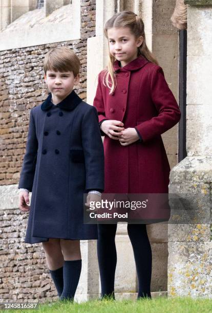 Princess Charlotte of Wales and Prince Louis of Wales attend the Christmas Day service at St Mary Magdalene Church on December 25, 2022 in...