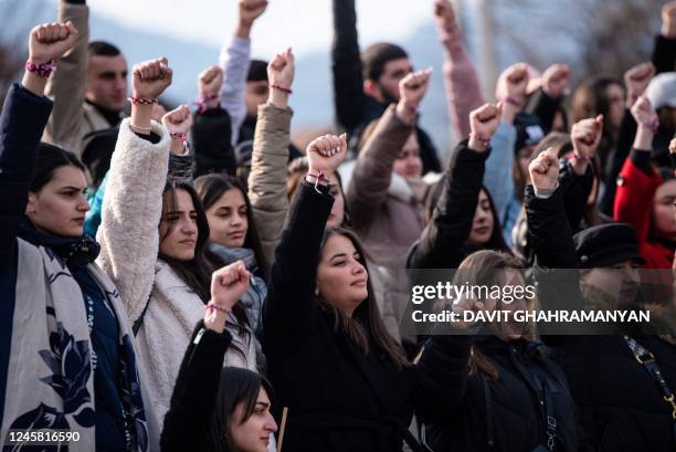 Protesters attend a rally in Stepanakert, capital of the self-proclaimed Nagorno-Karabakh region of Azerbaijan, on December 25, 2022. - Thousands...