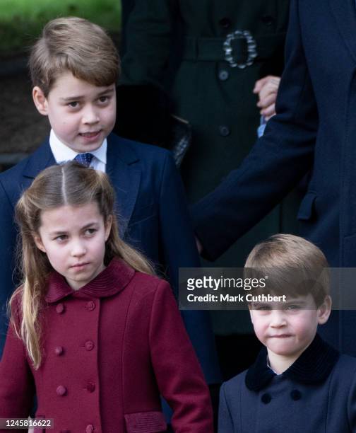 Prince George of Wales, Prince Louis of Wales and Princess Charlotte of Wales attends the Christmas Day service at St Mary Magdalene Church on...