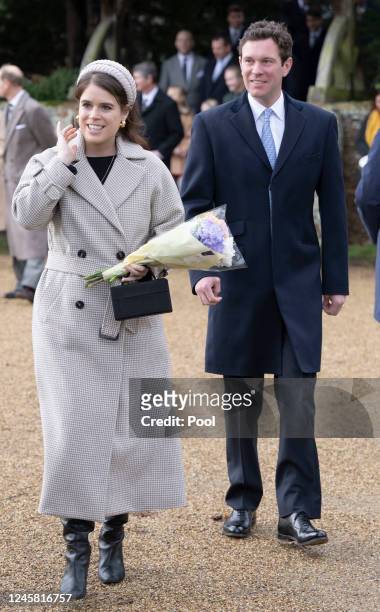 Princess Eugenie and Jack Brooksbank attend the Christmas Day service at St Mary Magdalene Church on December 25, 2022 in Sandringham, Norfolk. King...