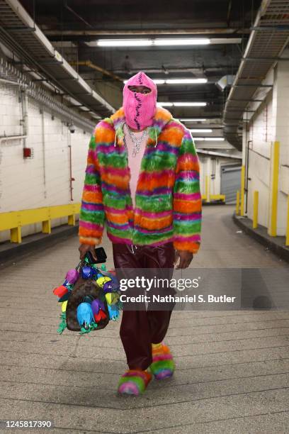 James Harden of the Philadelphia 76ers arrives to the arena before the game against the New York Knicks on December 25, 2022 at Madison Square Garden...