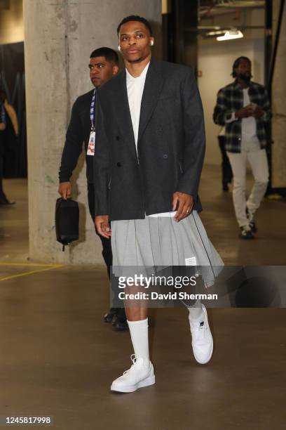 Russell Westbrook of the Los Angeles Lakers arrives to the arena before the game against the Dallas Mavericks on December 25, 2022 at the American...
