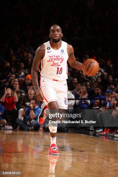 Shake Milton of the Philadelphia 76ers dribbles the ball during the game against the New York Knicks on December 25, 2022 at Madison Square Garden in...
