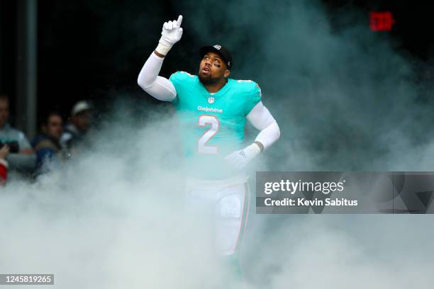 Bradley Chubb of the Miami Dolphins runs out of the tunnel before an NFL football game against the Green Bay Packers at Hard Rock Stadium on December...