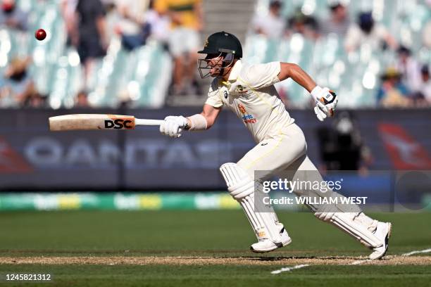 Australia's David Warner plays a shot during the first day of the second cricket Test match between Australia and South Africa at the MCG in...