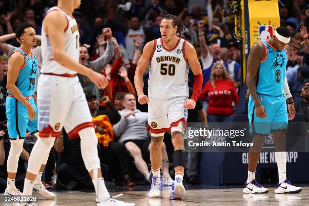 Aaron Gordon of the Denver Nuggets reacts after a play in overtime against the Phoenix Suns at Ball Arena on December 25, 2022 in Denver, Colorado....