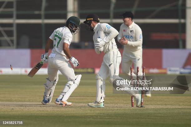 New Zealand's Tom Blundell stumps out Pakistan's Abdullah Shafique during the first day of the first cricket Test match between Pakistan and New...