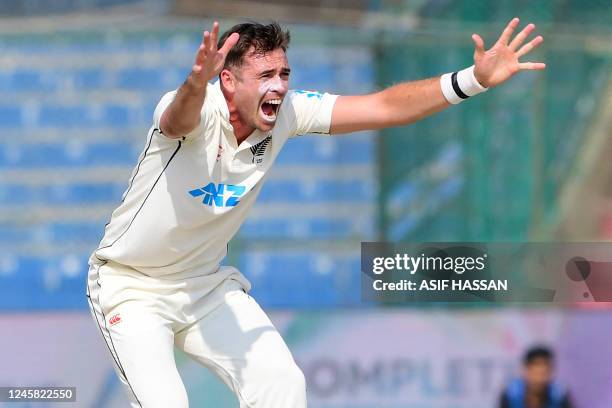 New Zealand's captain Tim Southee appeals for leg before wicket against Pakistan's Sarfaraz Ahmed during the first day of the first cricket Test...