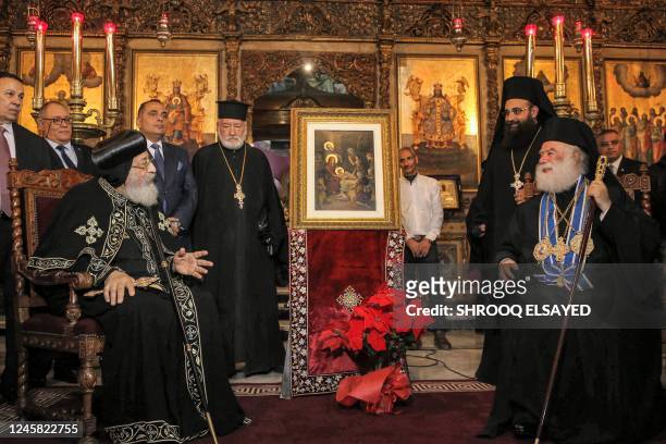 Theodoros II , Greek Orthodox Patriarch of Alexandria and All Africa, meets with his Egyptian counterpart Tawadros II , Coptic Orthodox Pope and...