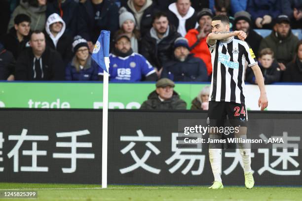 Miguel Almiron of Newcastle United celebrates after scoring a goal to make it 0-2 during the Premier League match between Leicester City and...