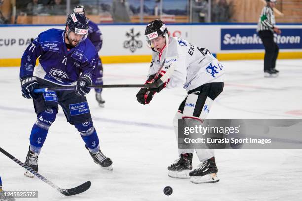 Jesse Virtanen of HC Ambri-Piotta against Elias Ekstrom of Örebro HK during the match between HC Ambri-Piotta and Orebro HK at Hockey Club Davos on...