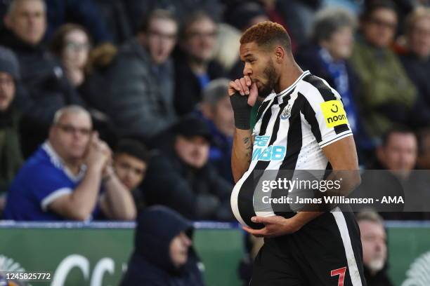 Joelinton of Newcastle United celebrates after scoring a goal to make it 0-3 during the Premier League match between Leicester City and Newcastle...