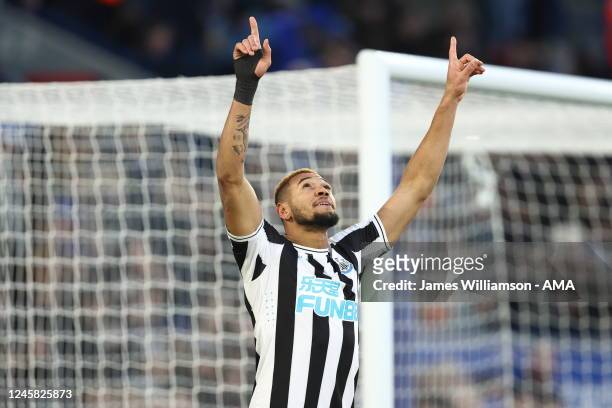 Joelinton of Newcastle United celebrates after scoring a goal to make it 0-3 during the Premier League match between Leicester City and Newcastle...