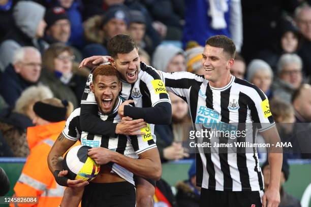 Joelinton of Newcastle United celebrates after scoring a goal to make it 0-3 during the Premier League match between Leicester City and Newcastle...