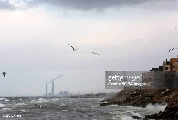 The waves of the Mediterranean hit the shore of Gaza City during heavy rain due to a winter storm hitting the Gaza strip in Gaza City.