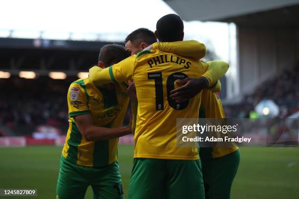 Matt Phillips of West Bromwich Albion celebrates after scoring a goal to make it 0-1 with Jayson Molumby of West Bromwich Albion and Jed Wallace of...