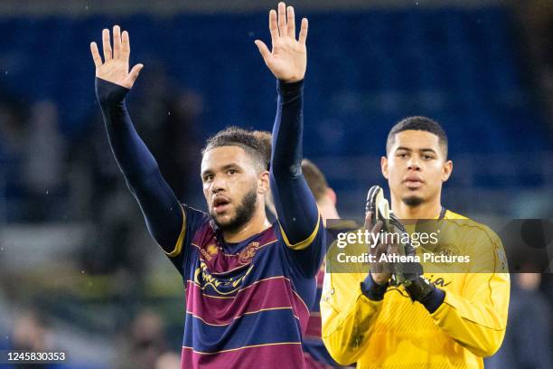 Tyler Roberts of Queens Park Rangers applauds the supporters during the Sky Bet Championship match between Cardiff City and Queens Park Rangers at...