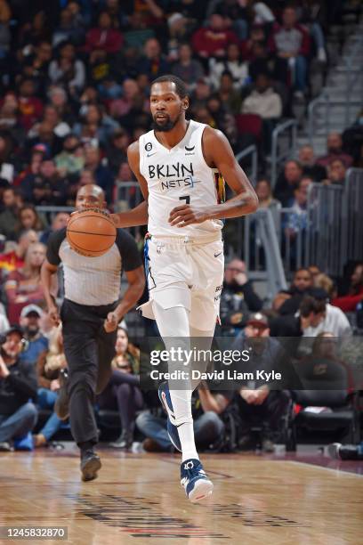 Kevin Durant of the Brooklyn Nets drives to the basket against the Cleveland Cavaliers on December 26, 2022 at Rocket Mortgage FieldHouse in...