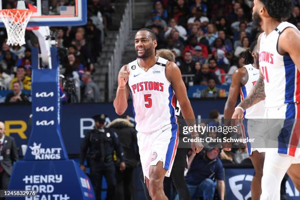 Alec Burks of the Detroit Pistons celebrates during the game against the LA Clippers on December 26, 2022 at Little Caesars Arena in Detroit,...