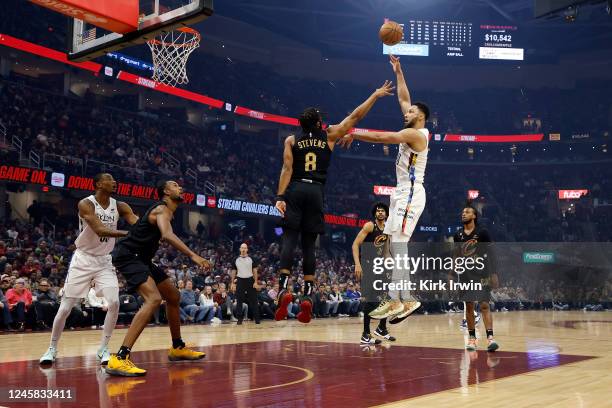 Ben Simmons of the Brooklyn Nets shoots the ball over the defense of Lamar Stevens of the Cleveland Cavaliers during the first quarter of the game at...