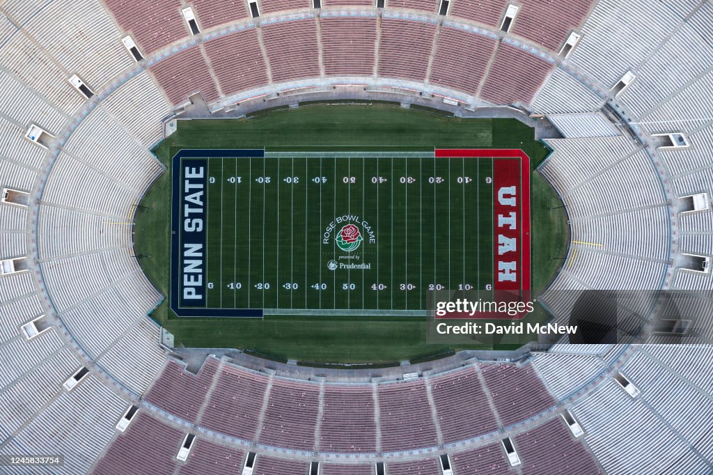 An aerial view of the Rose Bowl Game logo and the Utah and Penn State ...