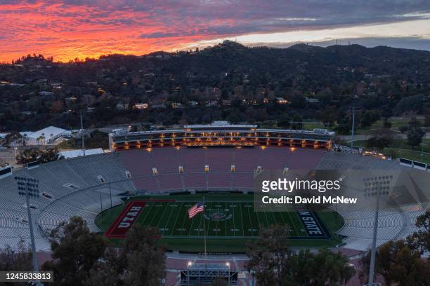 An aerial view of the 100-year-old Rose Bowl Stadium prior to the Rose Bowl Game on December 26, 2022 in Pasadena, California. The annual American...