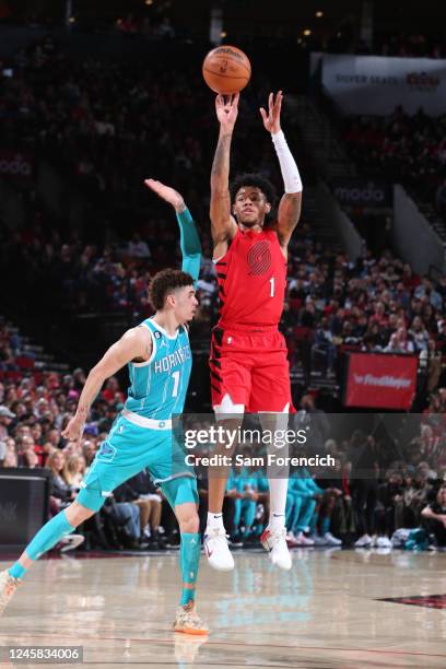 Anfernee Simons of the Portland Trail Blazers shoots the ball during the game against the Charlotte Hornets on December 26, 2022 at the Moda Center...