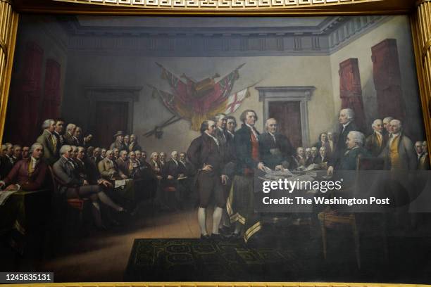 Painting depicting the signing of the Declaration of Independence is seen in the Rotunda of the US Capitol on December 16, 2022 in Washington, DC....