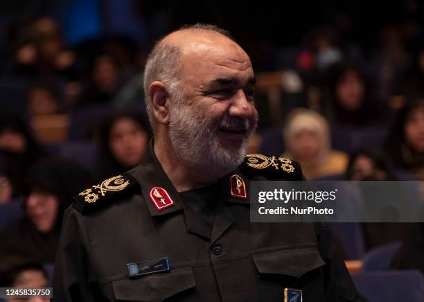 Commander in chief of Islamic Revolutionary Guard Corps , Major General Hossein Salami looks on while attending a ceremony for commemorating death...