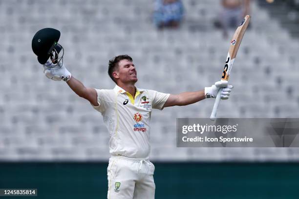 David Warner of Australia celebrates his double century during the Boxing Day Test Match between Australia and South Africa at The Melbourne Cricket...