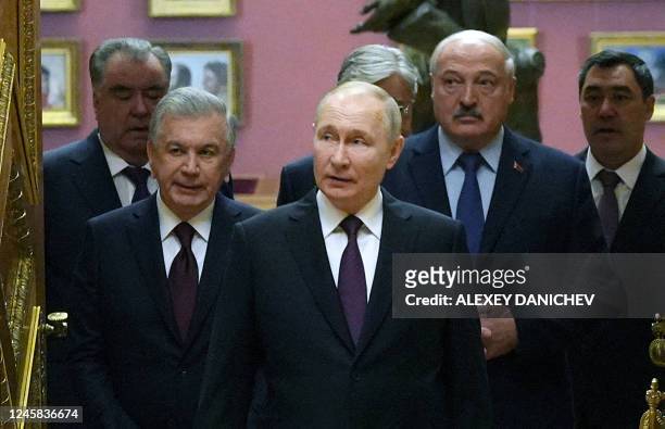Russia's President Vladimir Putin , Tajikistan's President Emomali Rahmon , Uzbekistan's President Shavkat Mirziyoyev , Kyrgyzstan's President Sadyr...