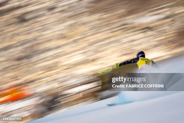 Canada's Brodie Seger competes during the second training run of the FIS alpine skiing Men's World Cup downhill race in Bormio, northern Italy, on...