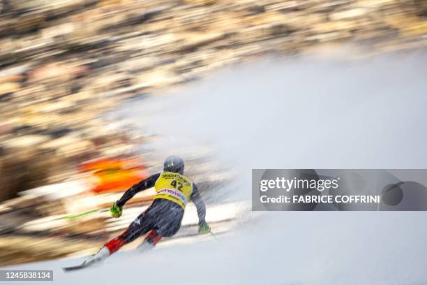 Canada's Broderick Thompson competes during the second training run of the FIS alpine skiing Men's World Cup downhill race in Bormio, northern Italy,...