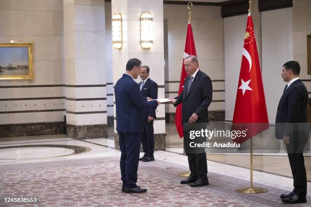 Turkish President Recep Tayyip Erdogan receives the letter of credence from Kyrgyzstan's Ambassador to Ankara Ruslan Kazakbaev at the presidential...