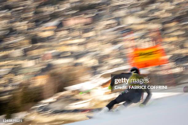 Italy's Nicolo Molteni competes during the second training run of the FIS alpine skiing Men's World Cup downhill race in Bormio, northern Italy, on...