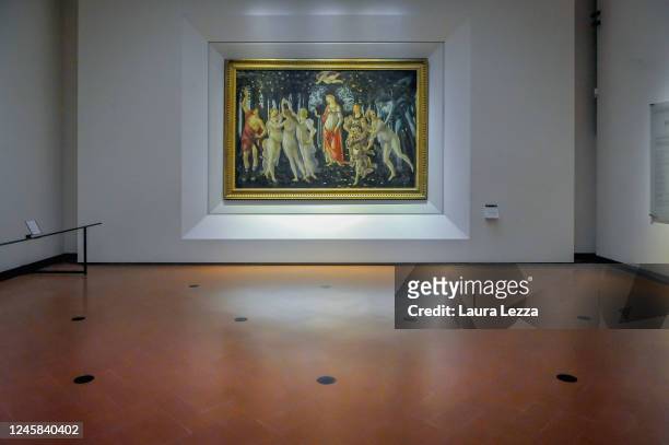 Some indicators on the floor called 'social distance signs' in front of Botticelli's painting Primavera the day before the reopening of the Uffizi,...