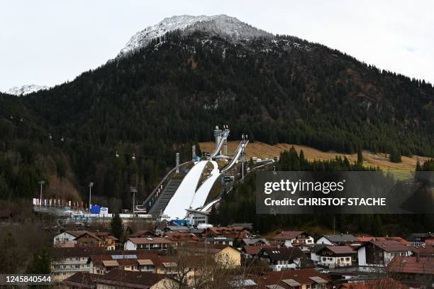 The ski jump area of Oberstdorf, southern Germany, is pictured on December 27, 2022 on the eve of the Four Hills Ski Jumping competition . - The...
