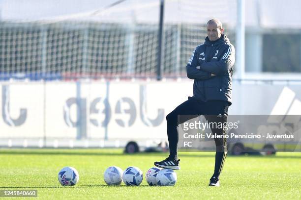 Juventus head coach Massimiliano Allegri looks on during a training session at JTC on December 27, 2022 in Turin, Italy.
