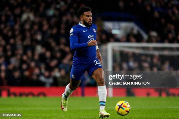 Chelsea's English defender Reece James controls the ball during the English Premier League football match between Chelsea and Bournemouth at Stamford...