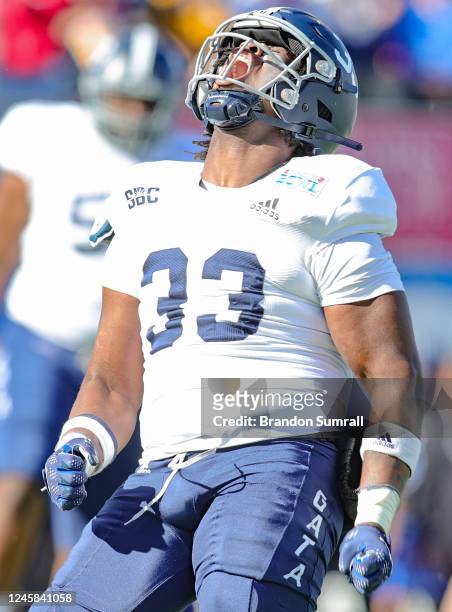 Marques Watson-Trent of the Georgia Southern Eagles celebrates a big defensive stop during the first half of the TaxAct Camellia Bowl against the...