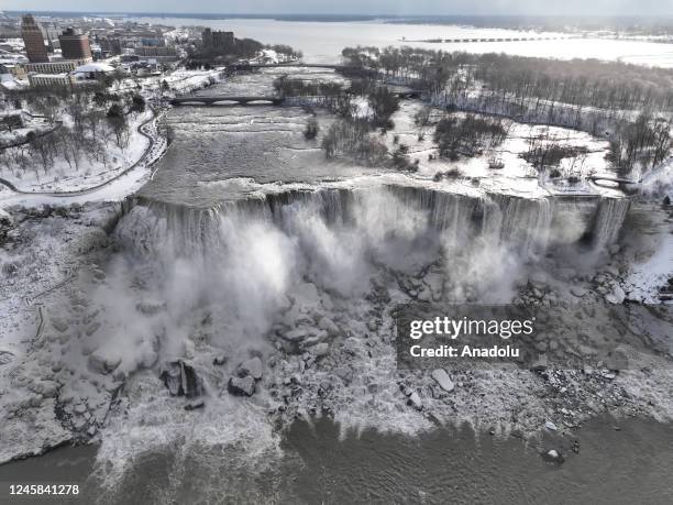 An aerial view of the partially frozen Niagara Falls, which is on the border with Canada, on December 27, 2022 in Niagara Falls, New York. A massive...