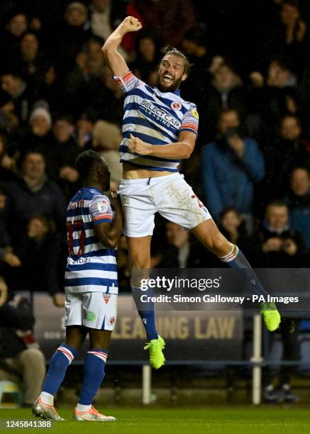 Readings Andy Carroll celebrates after scoring their sides first goal during the Sky Bet Championship match at the Select Car Leasing Stadium,...