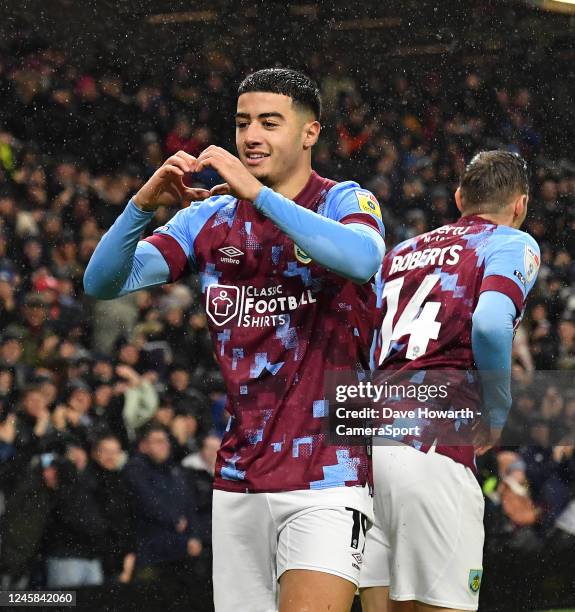 Burnley's Anass Zaroury celebrates scoring his teams opening goal during the Sky Bet Championship between Burnley and Birmingham City at Turf Moor on...