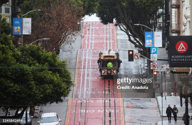 Cable car is seen in Union Square as rainstorm hits San Francisco and Bay Area, California, United States on December 27, 2022.