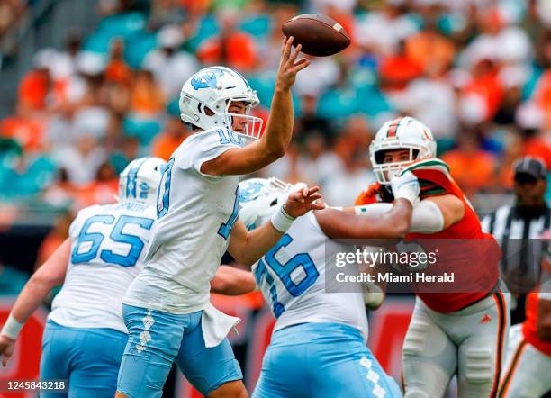 North Carolina quarterback Drake Maye throws a pass during the first quarter against Miami at Hard Rock Stadium on Oct. 8 in Miami Gardens, Florida.