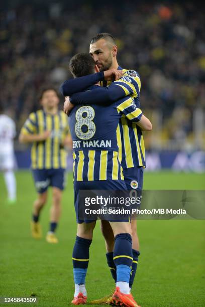 Serdar Dursun of Fenerbahce celebrates after scoring the fourth goal of his team with Mert Hakan Yandas during the Super Lig match between Fenerbahce...
